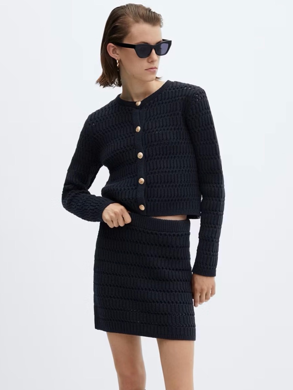 MANGO Knit Cardigan & Mini Skirt Set - Navy